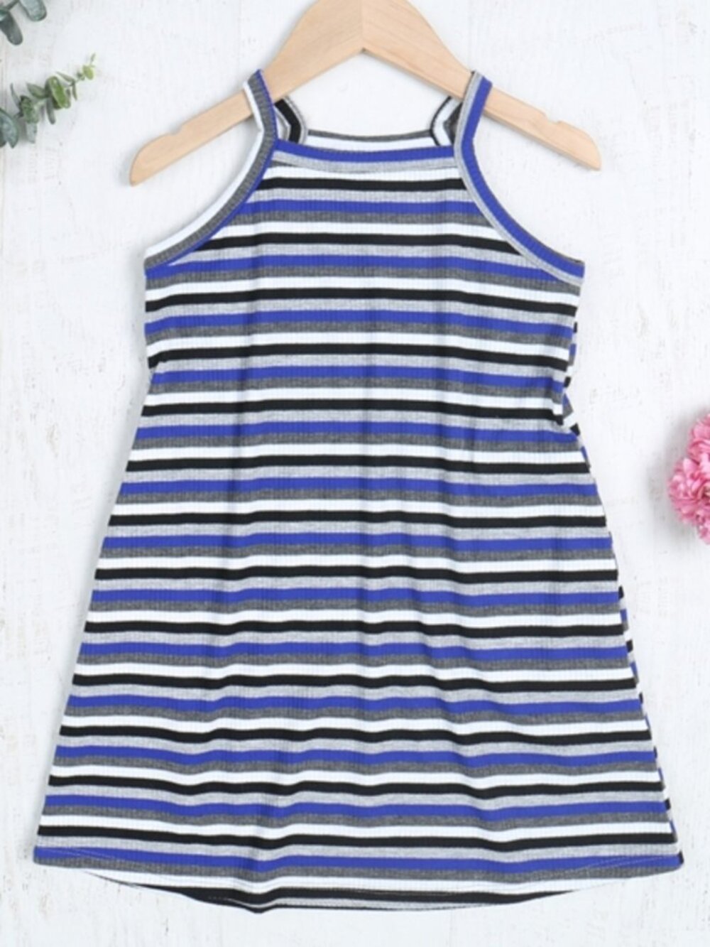 Girls Ribbed Striped Tank Dress – Blue Black Gray White Stripes - Size M
